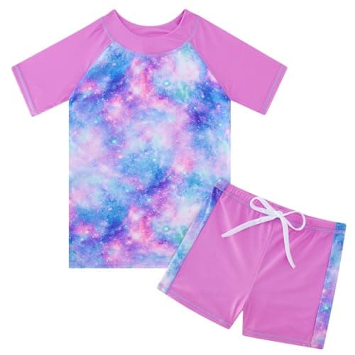 AIDEAONE Little Girls Rash Guard Set Size 3 4 Light Purple Galaxy Print Bathing Suit Two Piece Swimsuit with Swimming Shorts