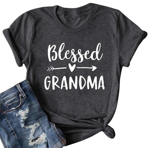 Blessed Grandma Shirt Funny Cute Graphic Tees Women Letter Print T-Shirt Casual Short Sleeve Tops (S, Drak Gray)