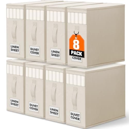 WOWBOX Sheet Organizers and Storage,Closet Bed Sheet Organizer Under Bed Storage and Organization with Label Cards & Clear Window for Bedding Sheets,Duvet Covers,Blankets (8 Pack，Beige)