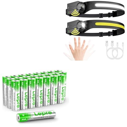 Lepro Bundle - AAA Batteries 24 Pack & LED Headlamp Rechargeable - Super Bright Head lamp with Motion Sensor 2 Packs