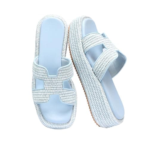 Monrovia Raffia Platform Sandals for Women Slip-On Espadrille Wedges Slides, Flatform Woven Straw Summer Vacation Beach Shoes Blue Size 6.5