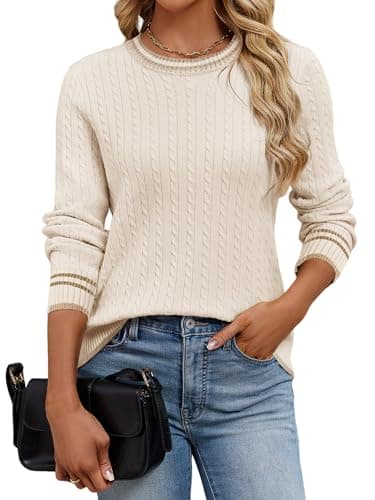 UEAL Womens Lightweight Cable Knit Pullover Sweater Crew Neck Khaki XL