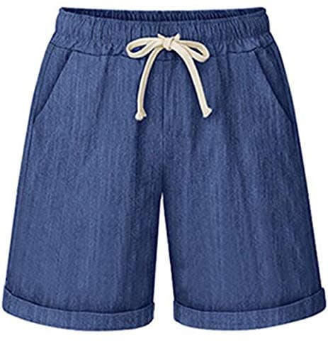 HOW'ON Women's Elastic Waist Casual Comfy Cotton Beach Shorts with Drawstring Denim Blue XXL