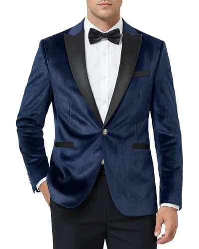 WYWK Men's Velvet Blazer One Button Casual Tuxedo for Men Blazer Lapel Prom Party Wedding Banquet Navy Blue