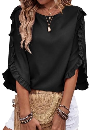 EVALESS Blouses for Women Dressy Casual 3/4 Length Ruffle Sleeve Shirts Crewneck Spring Outfits Business Work Tops Black XX-Large