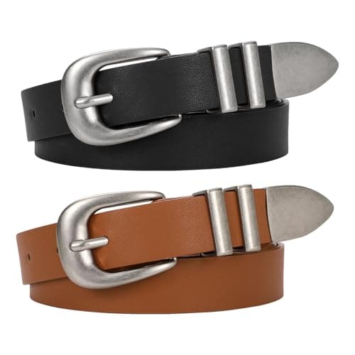 WERFORU 2 Pack Women Leather Belt Fashion Leather Waist Belt for Pants Jean Ladies Western Belt with Gold/Silver Buckle,Fit Waist Size 21-25 Inches,B-black+brown-Ancient Silver
