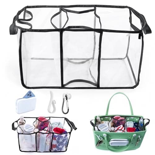 AMOIGEE Clear Beach Bag Organizer Insert with 3pcs Accessories for XL Bogg Bag Inserts - Tote Bag Divider with Sunglasses Holder, Phone Holder and Clips Hooks - Beach Tote Insert Organizer Liner