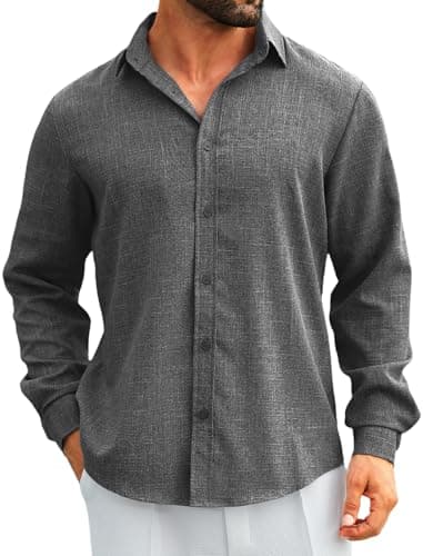 MAPICK Men's Casual Linen Dress Shirts Button Down Long Sleeve Vacation Cruise Shirt Fall Rayon Shirts(A-Dark Grey,Small)