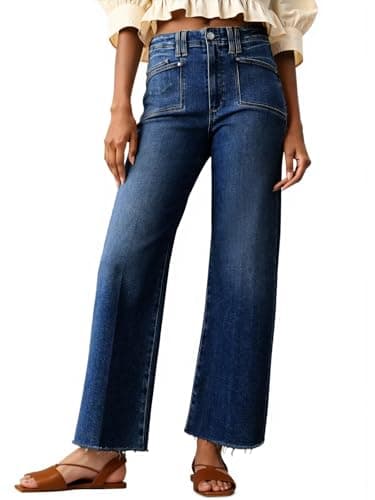 Cicy Bell Womens High Waisted Cropped Jeans Trendy Stretchy Baggy Straight Leg Raw Hem Capri Denim Pants Navy