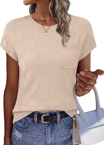 WIHOLL Womens Summer Tops Trendy Casual Cap Short Sleeve Sweater Fall Outfits for Women 2026 Casual Crew Neck T Shirts Soft Cute Spring Tops Tshirts Shirts for Women with Pocket Apricot L
