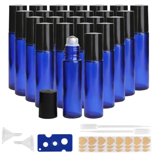 AGZHTYJQ 10ML Glass Essential Oil Roller Bottles,24 Pack blue Oil Roller Bottles for Essential Oils, refillable rollerball bottle(24 Labels, Opener, Funnel, Dropper Included)