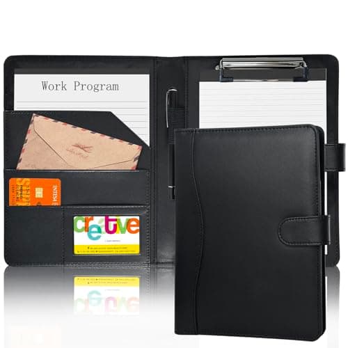 Padfolio Portfolio Binder, Leather Clipboard Folder Briefcase Loose-Leaf Binder with Cover Brown Folder with Pockets Resume Folder for Business Office Meeting Men Women's Business (A5, Black)