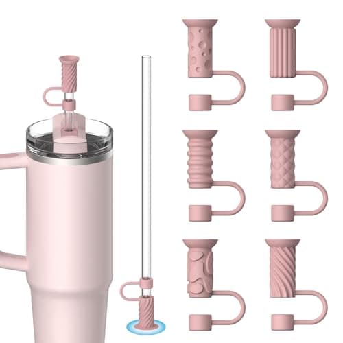 6P Silicone Straw Toppers for Stanley – Reusable Straw Covers with Suction Cup, Dust/Leak-Proof Cap for 30/40 oz Tumblers, Fits Most 0.39" (10mm) Straws – Fun Stanley Cup Accessories(Pink)