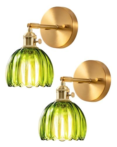 EDISHINE Vintage Brass Wall Sconces with Adjustable Green Tulip Glass Shade