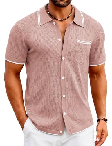 COOFANDY Men's Knit Shirt Short Sleeve Button Down Polo Shirt Summer Vacation Shirt with Pocket Mauve