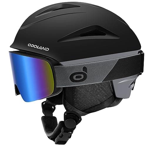 Odoland Ski Helmet, Snowboard Helmet with Ski Goggles for Adults and Youth, Audio Compatible, Shockproof, Windproof, Safety Snow Sports Helmet and Protective Glasses for Men Women, Black, S