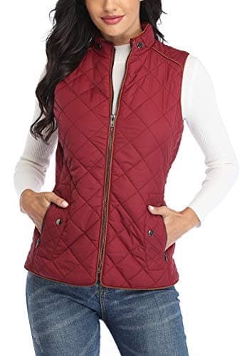 MISS MOLY Women Lightweight Quilted Padded Puffer Vest Stand Collar Zip Up Winter Outwear Gilet (Wine red-Color trim, X-Small)