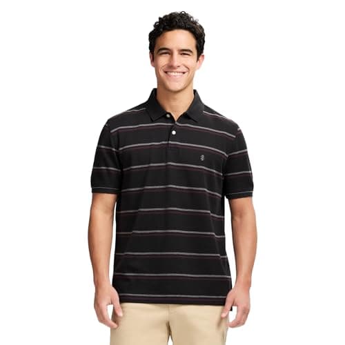 Izod Men's Advantage Performance Short Sleeve Stripe Polo Shirt, Black, Small