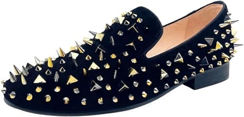 Justar Men's Black Leather Loafers Slippers with Gold Spikes Dress Shoes Slip-On Flats Party Shoes (12)