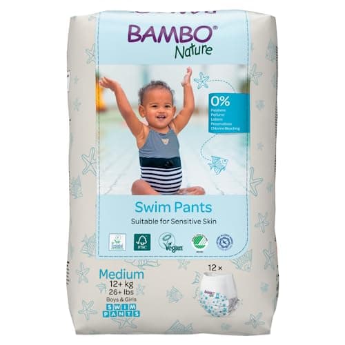 Bambo Nature Hypoallergenic Swim Pants, Eco-Labelled Swim Diapers, Double Leak Barriers - Medium (26+lbs) - 12 Count