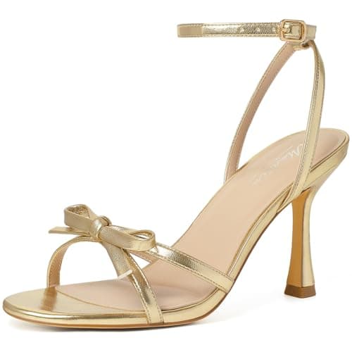 Mostrin Gold Bow Heels for Women Strappy Lace Up Round Open Toe Heels Ankle Strap Stiletto High Heeled Sandals for Prom, Party, Daily Size 11.5