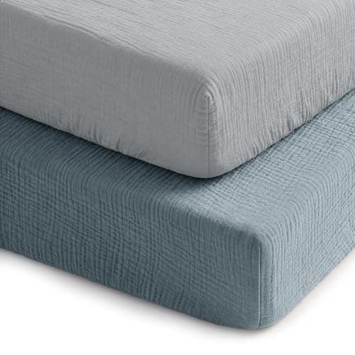 Comfy Cubs 100% Muslin Crib Fitted Sheet 2 Pack, Pacific Blue and Heather - 100% Cotton, Soft & Breathable Crib Sheets for Toddler Mattress - Snug Fit, Secure Elastic with Beautiful Packaging