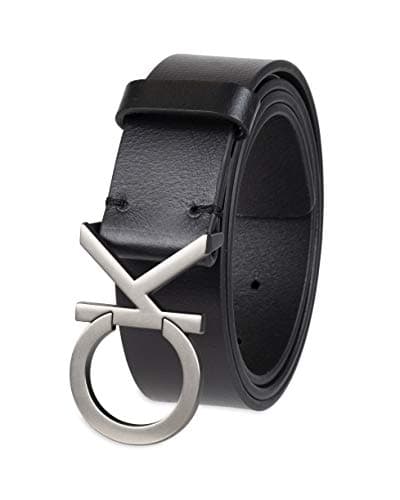 Calvin Klein Men's Leather CK Plaque Buckle Belt