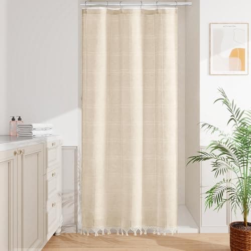 Craidlela Small Stall Linen Farmhouse Shower Curtain with Tassel, Modern Boho French Country Chic Bathroom Shower Curtain Set with PEVA Liner, Cotton Hollow Fabric Shower Curtain 36x72 - Beige/Cream