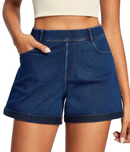IUGA Stretchy Baggy Jean Shorts Womens Pull On Denim Shorts Women High Waisted Tummy Control Jorts Summer Casual with Pocket(Stormy Blue, S)