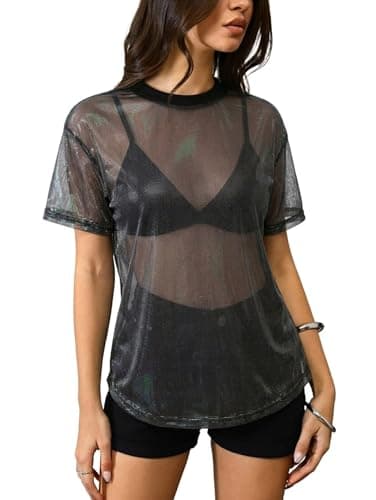 OYOANGLE Women's See Through Top Metallic Mesh Sheer Short Sleeve Rave T-Shirt Black X-Large