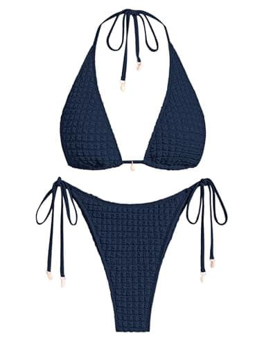 ZAFUL Women's Triangle Bikini Multiway Fishnet Tie Side Bandeau Halter String Bikini Set Two Piece Swimsuit Bathing Suits (6-Textured Navy Blue, XL)