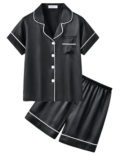 CYCHELRY Big Girls Black Satin Pajamas Summer Short Sleeve Button Down Silky Nighty PJS 2PCS Sleepwear Set Size 10