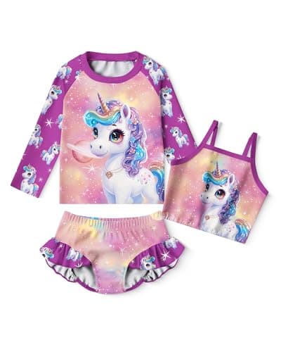 LQSZ Girls Rash Guard Sets Colorful Unicorn Long Sleeves Swimsuit 3 Pieces Tankini Bathing Suit Swimwear for Girls Beach Summer 9 10t