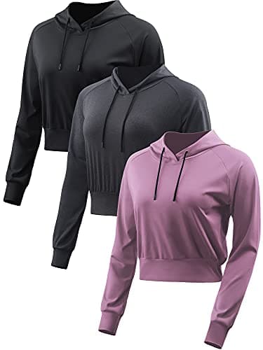 CADMUS Women's Workout Long Sleeve Shirts with Hoodie Sweatshirt Running Crop Top, 3 Pack, Black, Grey, Pink, Medium