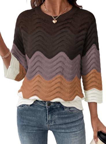 Dokotoo Sweaters for Women 3/4 Length Sleeve Womens Tops, Brown, Small
