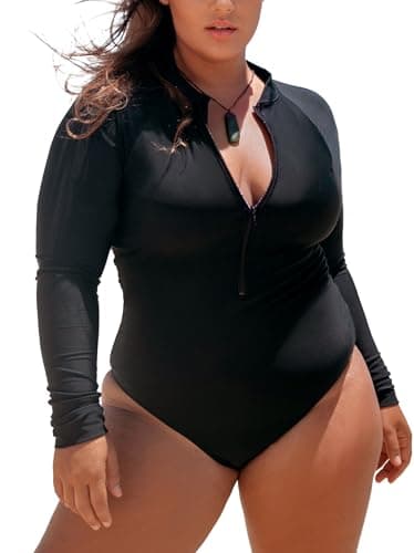 Ocean Blues Women's Long Sleeve Rash Guard Printed Surfing Swimsuit Zipper One Piece Bathing Suit Black Size X-Large