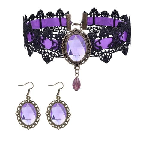 GYRMMUE Gothic Necklace Earrings Set for Women,Vintage Lace Hollow Out Necklace Punk-Style Crystal Glass Cameo Earrings Goth Mysterious Vampire Jewelry Halloween Accessories (Purple)