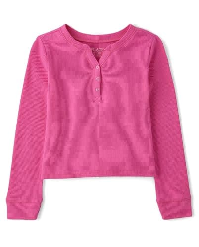 The Children's Place,Girls,Basic Long Sleeve Thermal Henley Tops,Yreka Pink,X-Large