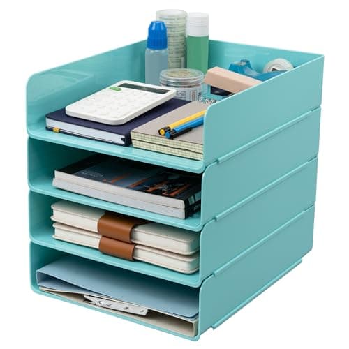 Tiawudi Desk Organizer, Office Organization and Storage, Plastic Letter Tray, Stackable File Organizer for Classroom, Home, Documents, Notes, Folders, Books and Pens, 4 Tier