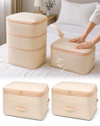 Ultra Space Saving Self Compression Organizers, 2 Pack Double Zipper Compression Packing Cubes for Bedding, Comforter Storage Bag for Blankets Duvet Quilts Pillows Queen King (Beige, X-Large)