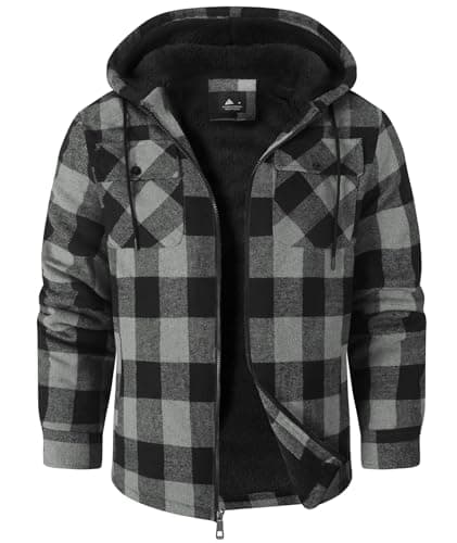 SCODI Men's Flannel Jacket Sherpa Lined Hoodies Zip Up Fleece Plaid Shirt Jackets Winter Outdoor Coat Warm Outwear Grey X-Large