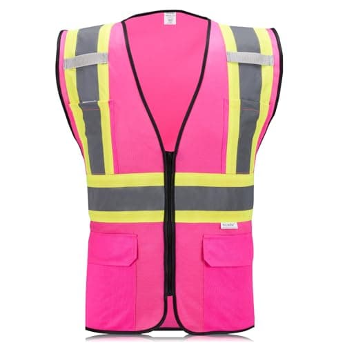 SULWZM High Visibility Reflective Safety Vest with Zipper and Pockets Pink,L