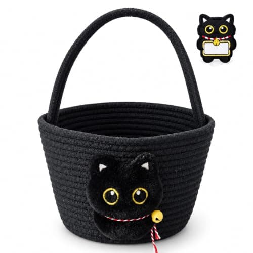 Black Cat Halloween Basket for Kids, Trick or Treat Bucket with Name Tag