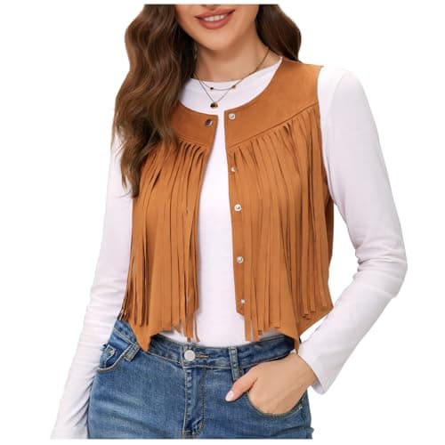 JASGOOD Brown Women Tassel Vest 70s Hippie Faux Suede Sleeveless Fringe Jacket Western Outfit for Womens