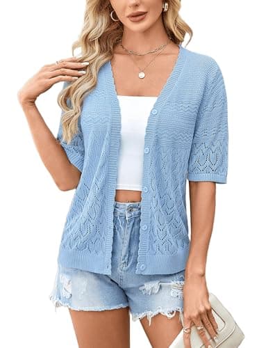 Yekaty Crochet Cardigans for Women Short Sleeve Sweaters Lightweight Shrug