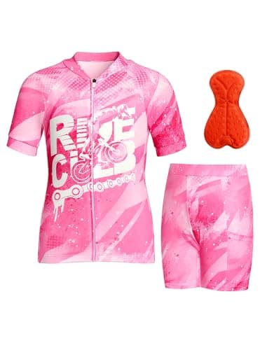 Gogokids Boys Cycling Jersey Set 3D Padded Bike Suit Kids Road Mountain Riding Shorts Bicycle Sportswear, Rose Red, 11-12 Years