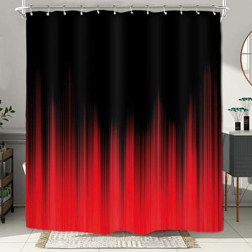 Miyotaa Black Red Modern Shower Curtain Set 71Wx84H Inches Elagant Striped Minimalist Simple Contemporary Extra Long Polyester Waterproof Bathroom Curtain with 12 Hooks