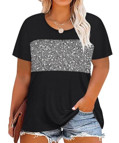 RITERA Plus Size Tops for Women Colorblock Summer Rainbow Sequins Print Oversized Crewneck Shirt Casual Loose Fit Henley Shirts Black Shirts Ladies Tunic Blouse 3XL Spring 22W 24W