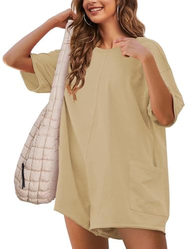 UANEO Rompers for Women Casual Oversized Athletic Jumpsuits Overalls Workout Hot Shot Tee Romper(DarkKhaki-Small)