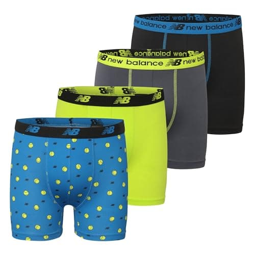 New Balance Boys and Toddler Boxer Briefs, Moisture Wicking Breathable Underwear, Tagless, Assorted 4 Pack (2 Performance/2 Mesh), Blue Oasis/Thirty Watt/Thunder/Black, Large